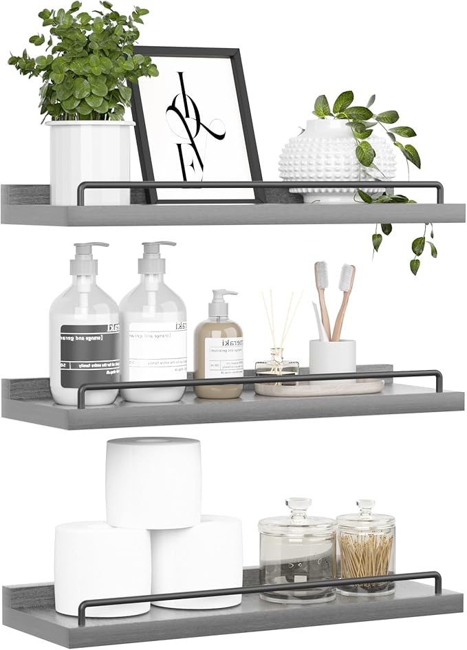 Floating Shelves for Wall Decor, Grey Shelves for Bathroom, Living Room, Bedroom, Picture Frames, Plants, Kitchen (Set of 3)