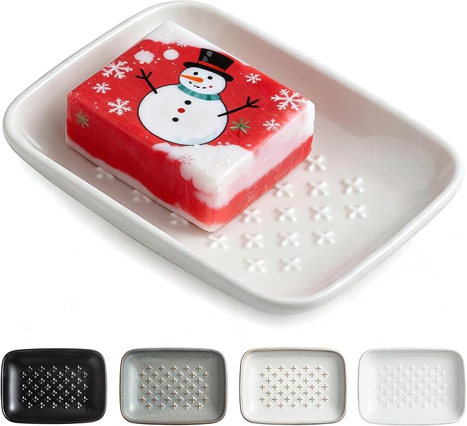 Gomakren Ceramic Soap Dish, Non-Slip Shower Soap Holder for Bathroom & Kitchen Sink, Soap Saver Tray for Bar Soap Sponge, 5.5 Inch, White