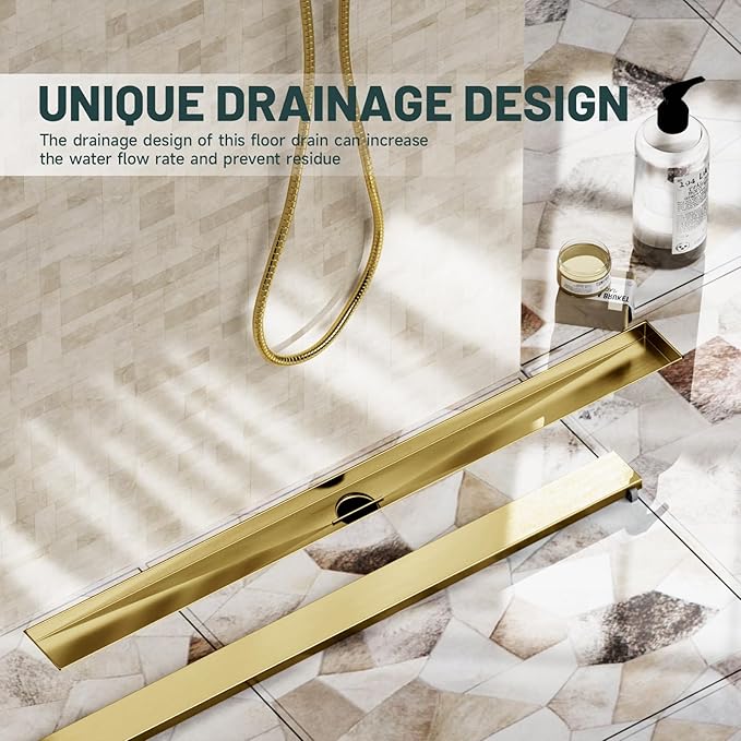 32-Inch Linear Shower Floor Drain, Stainless Steel Bathroom Floor Drains, Rectangular Shower Trench Floor Drain, Hair Strainer, Brushed Gold