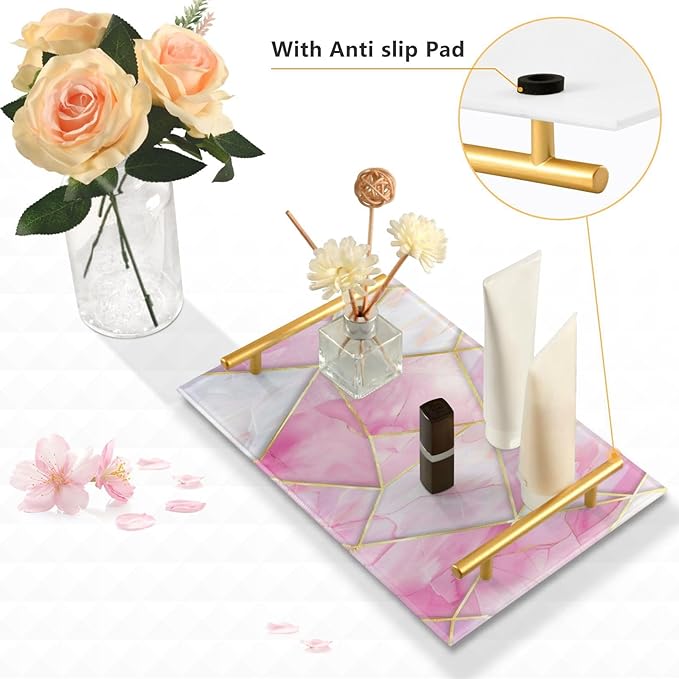 Pink Marble Vanity Tray Acrylic Bathroom Countertop Tray Marbling Decorative for Kitchen Desk Organizer Makeup Storage Tray