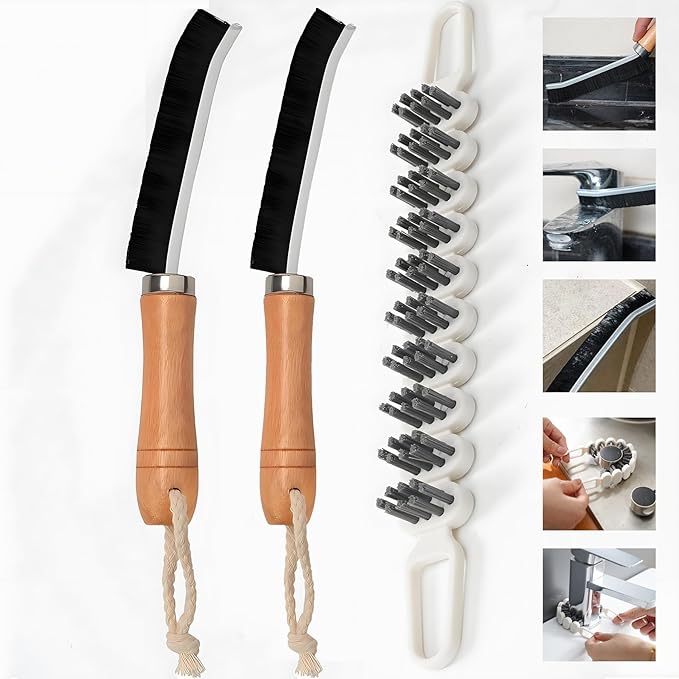 Crevice Cleaning Brushes Set 3-Pack, Wood Handle Grout Brush Tools for Bathroom & Kitchen, Curved Brush for Tight Gaps,Faucet,Toilet,Cookware Deep Cleaning