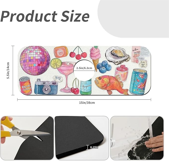 Kitchen Sink Splash Guard，Watercolor cartoon Faucet Mat Sink Gadgets-Super Absorbent Fast Drying Mat Drip Catcher for Kitchen, Bathroom,Sink Mat, Dish Drying Mat, Bathroom(15" X 5.5" )