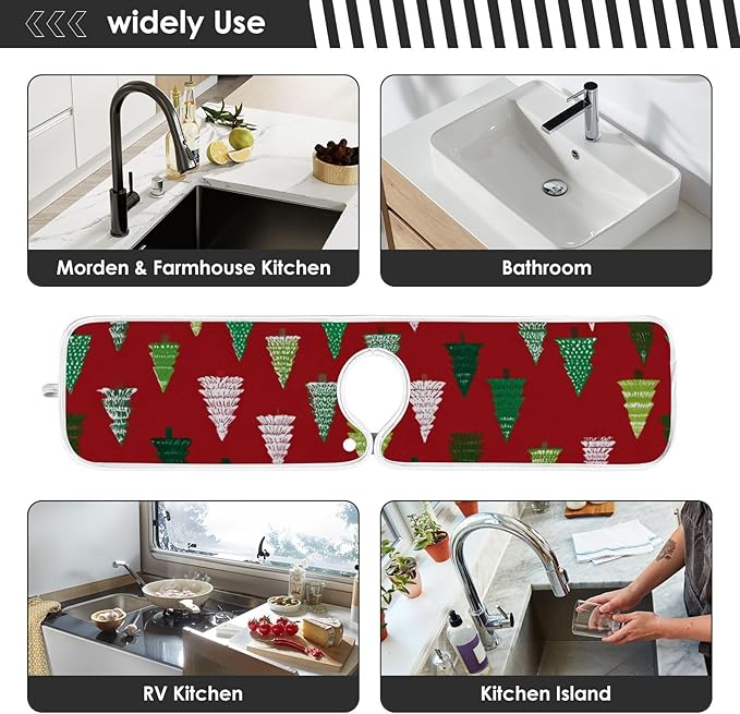 2 PCS Kitchen Sink Splash Guard 23.6 Inch Faucet Mat for Kitchen Sink Bathroom Sink Faucet Absorbing Drip Drain Mat Pad Microfiber Soft Washable Christmas Winter Trees