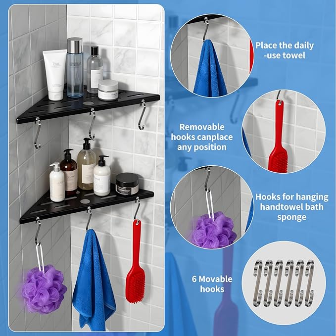 2 Pack Corner Shower Shelf,10" 304 Stainless Steel Bathroom Shelves Add 6 Hooks 40 lbs Heavy Duty Capacity Durable Bathroom Shower Shelf for Inside Shower Drilling Installation (Black)