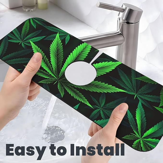 Cannabis Leaf 15" X 5.5" Kitchen Sink Splash Guard, Faucet Guard Draining Mat, Faucet Suction Pad For Kitchen Bathroom