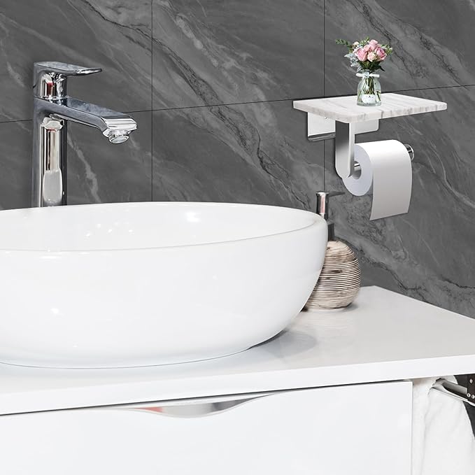 Toilet Paper Holder with Natural Marble Shelf for Bathroom Washroom,Wall Mounted Tissue Holder Suitable for Mega Roll (Brushed Nickel, Middle 7.87 * 4.72 in)