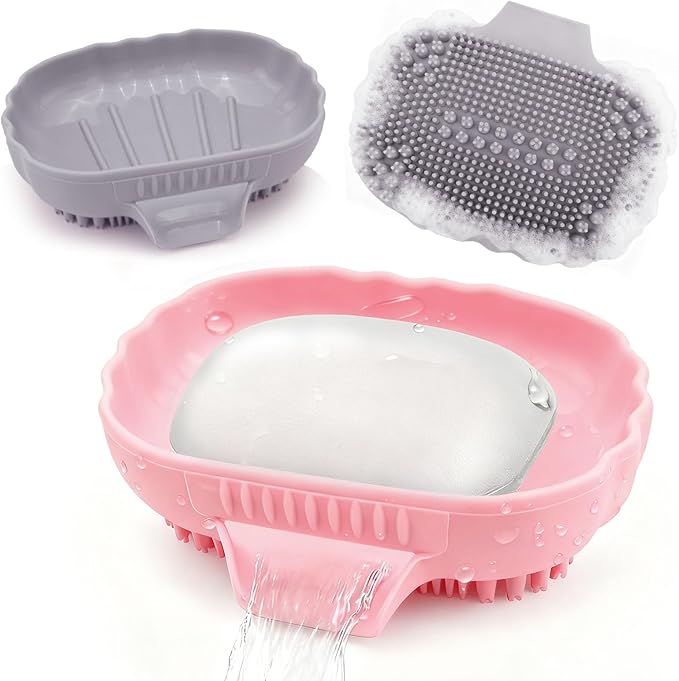 Silicone Soap Dish with Drain 2 Pcs, Anti-Slip Bathroom Bar Soap Holder Dishes Self Draining Waterfall Saver Plate for Shower Sink - Unique Bottom Brush Easy Dry & Clean (Pink + Lavender Grey)