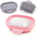 Silicone Soap Dish with Drain 2 Pcs, Anti-Slip Bathroom Bar Soap Holder Dishes Self Draining Waterfall Saver Plate for Shower Sink - Unique Bottom Brush Easy Dry & Clean (Pink + Lavender Grey)