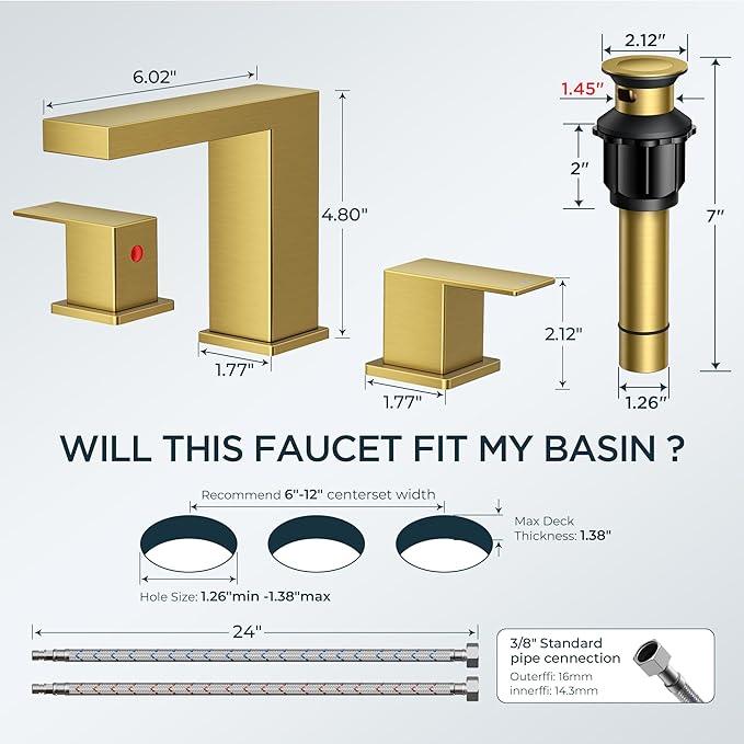 FORIOUS Brushed Gold Bathroom Faucet 3 Hole, 8 Inch Widespread Waterfall Bathroom Sink Faucet Gold with Metal Pop-Up Drain and cUPC Supply Lines Included for Restroom, Lavatory, Vanity Sink