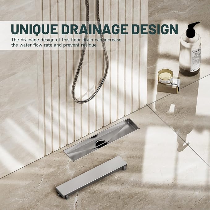 12-Inch Linear Shower Floor Drain, Stainless Steel Bathroom Floor Drains, Rectangular Shower Trench Floor Drain, Hair Strainer, Brushed Nickel