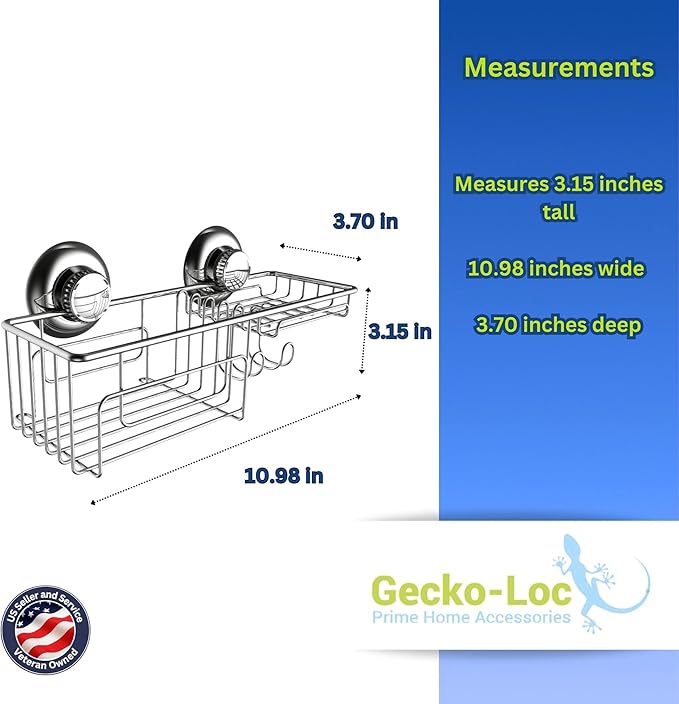 Gecko-Loc Large Combo suction cup wall mount bathroom shower caddy - shampoo storage basket shelf organizer caddie bath shelves - Silver