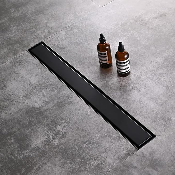 Linear Shower Floor Drain, Black 30 Inch 304 Stainless Steel Bathroom Drains Kit, Rectangular Shower Trench Drain with Reversable Tile-in Pattern Drain Cover & Hair Catcher