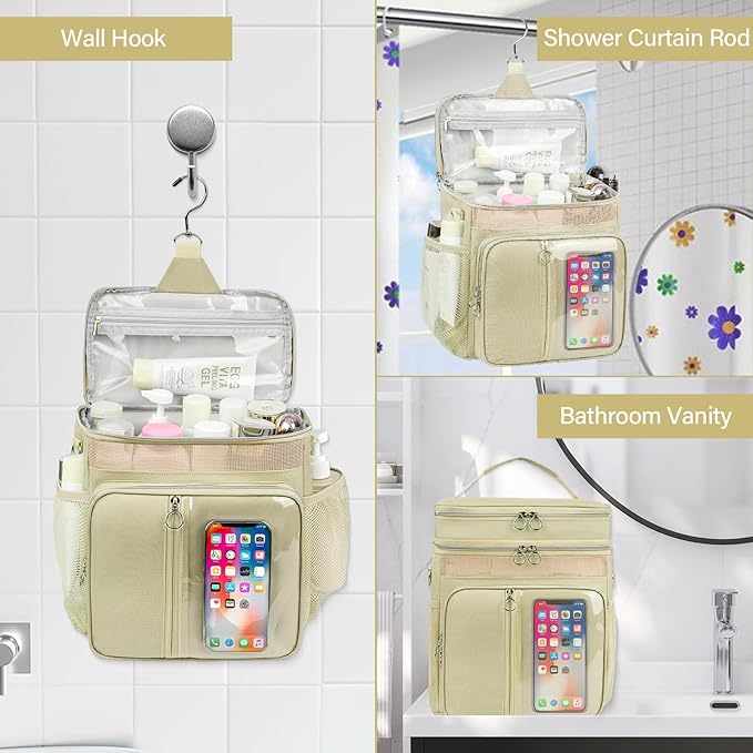Portable Shower Caddy College Dorm Essentials, Large Toiletry Bag for Women Men, 2 Layers Quickly Dry Mesh Bathroom Tote Bag, Hanging Makeup Organizer Bag for Travel, Gym, Camping(Apricot)