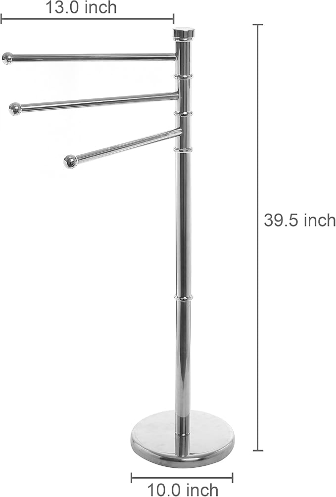 MyGift 38 Inch Silver Metal Freestanding Towel Rack for Bathroom with 3 Swivel Arms and Sturdy Round Base