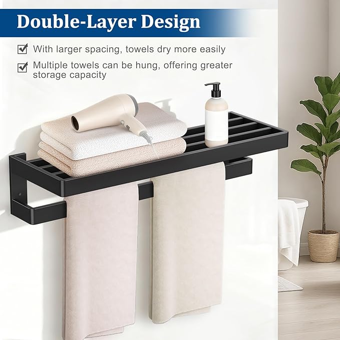 TNOMS Matte Black Double Towel Bar,Towel Racks for Bathroom 23.6-inch Towel Holder Stainless Steel Wall-Mounted Bathroom Hardware Accessories