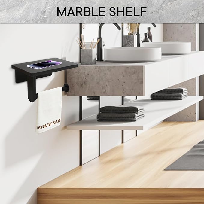 Toilet Paper Holder with Marble Shelf for Bathroom Washroom,Wall Mounted Tissue Holder Suitable for Mega Roll (Small 6.7 * 4.3 in, Black)