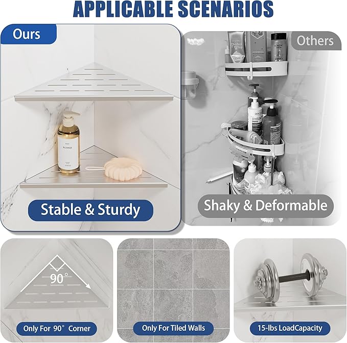 Neodrain 10" Brushed Corner Wall Shelf Set of 2, Floating Corner Shelves for Wall, 304 Stainless Steel Shower Storage Shelves for Bathroom, No Drilling