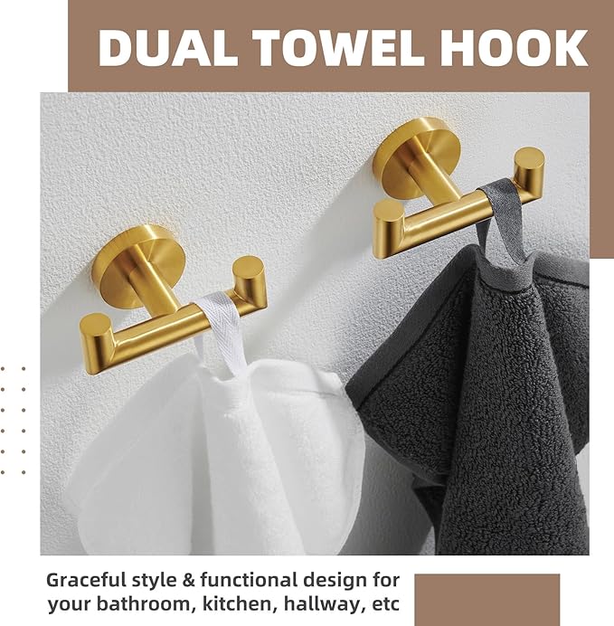 APLusee Brushed Gold Double Towel Hook 2 Pack, 304 Stainless Steel Clothes Hook, Wall Mounted