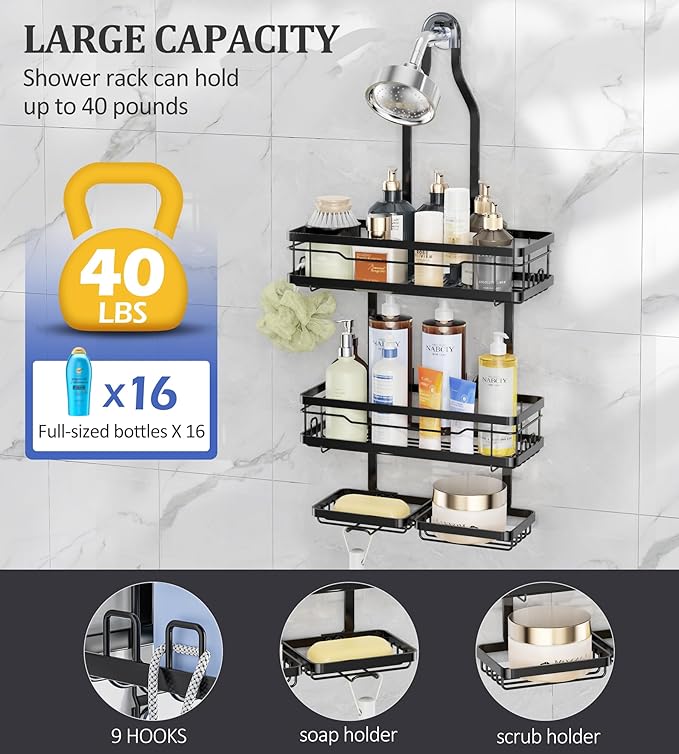 OMAIRA Shower Caddy Hanging with Soap Scrub Holder, Shower Organizer Inside Shelves Bathroom Storage Rack, Black