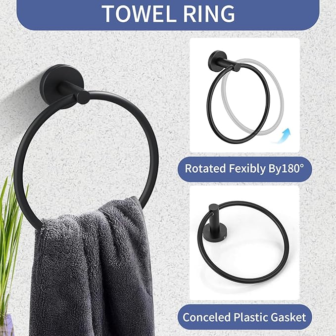 5-Pieces Matte Black Bathroom Hardware Accessories Set,SUS304 Stainless Steel 24-Inch Towel Bar Set, Modern Towel Racks Holder for Bathroom Wall Mounted