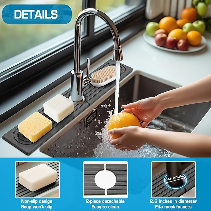 Faucet Mat for Kitchen Sink, Diatomite Quick Drying Tray, Long 23.6'' Kitchen Sink Splash Guard and Bathroom Stone Tray for Counter. Super Absorben. (Dark Gray-Rectangle, 23.6" x 4")