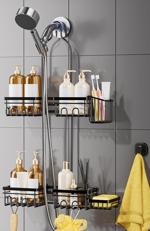 Shower Caddy Hanging - Shower Caddy for Handheld Shower Heads with Soap holder, Toothbrush Holder & Suction Hook, Universal 0.82-inch Fit with Non-Slip Rubber Pad, Black
