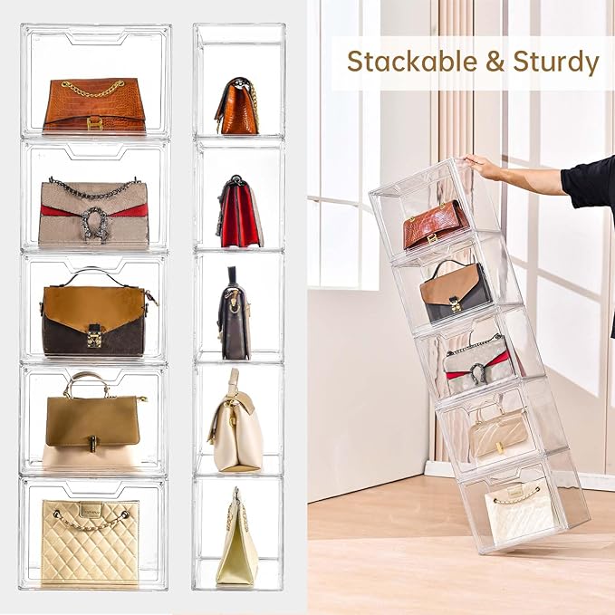 Stackable Storage Bins, Clear Acrylic Display Case, 5-Pack Acrylic Boxes with Lids, Clear Storage Containers Storage for Handbags, Collectibles & Figures
