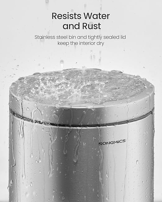 SONGMICS Bathroom Trash Can, 1.6 Gallon (6 L) Small Toilet Garbage Bin with Lid, Soft-Close, Stainless Steel, Pedal, Inner Bucket, Bedroom, Metallic Silver ULTB016EZ01