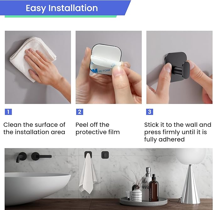 Self Adhesive Hooks - 4 Pack Heavy Duty Wall Hooks no Damage, Sticky Hook for Hanging Coat/Robe/Towel, Stick on Kitchen/Bathroom/Shower (Matte Black, Stainless Steel)