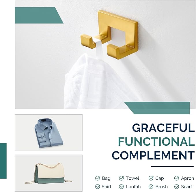 Angle Simple Towel Hook, SUS 304 Stainless Steel Wall Coat Hook, Bathroom Double Hand Towel Holder, Brassy Gold