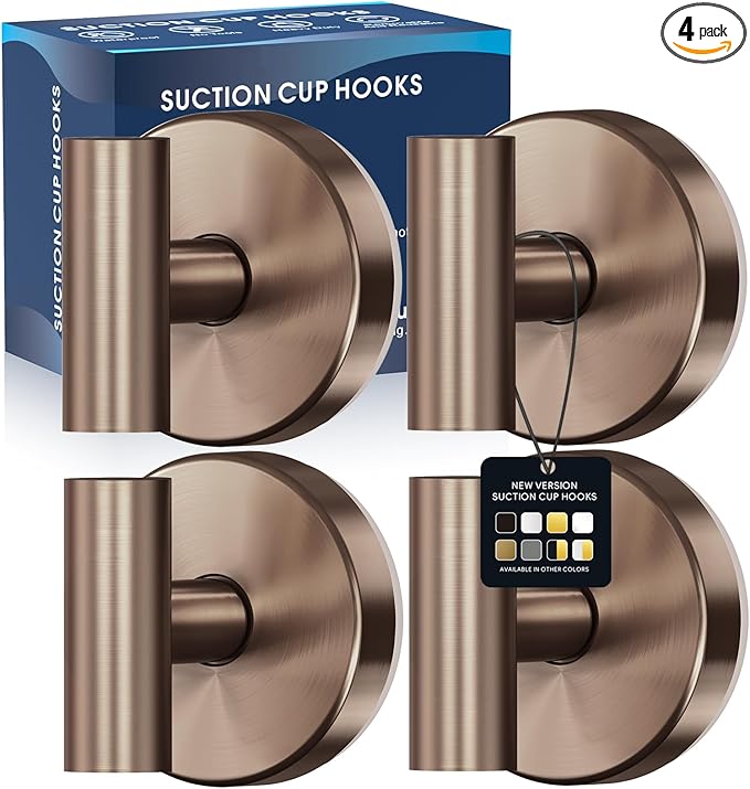 Suction Cup Hooks for Shower,Heavy Duty Shower Towel Suction Hooks,No Drill Wall Mounted Towel Hooks for Bathrooms Wall,Kitchen,Glass,Mirror,Tile to Hang Towels,Robes,Coat-Champagne Bronze(4 Pack)