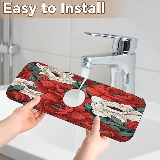 Red And White Roses Kitchen Faucet Mat Splash Guard, 15.4”x5.7” Absorbent Quick Drying Sink Mat for Countertop Protection, Draining Mat Sink Protectors For Kitchen Bathroom, 2 Pack