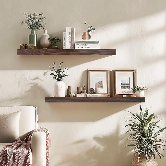 Floating Wall Shelves 30x6.8x1.7 Inch – Solid Wood Rustic Shelves in Walnut Finish – Wall Mounted Heavy Duty Display Shelf for Kitchen, Bedroom, Living Room – Set of 2