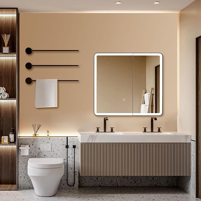 LED Bathroom Medicine Cabinet with Round Corner Framed Mirror Door 22 x 20 inch, Recessed or Surface Mount, with Adjustable Glass Shelves Shelves
