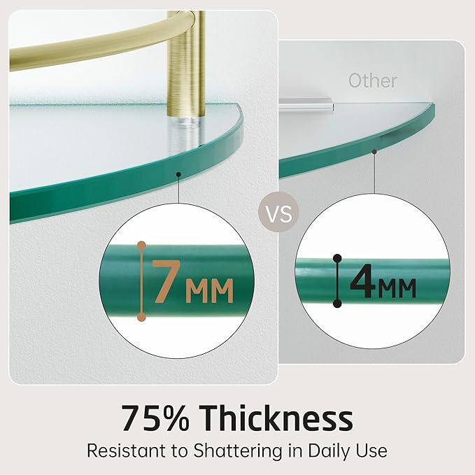 KES Glass Corner Shelf with Hooks 18/8 Stainless Steel, Tempered Glass Bathroom Corner Shelf with Rail, Shower Glass Shelf 2 Pack Wall Mounted, Brushed Gold, BGS2101A-BZ-P2
