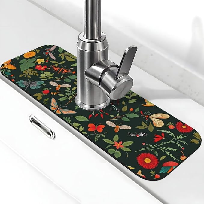 Butterfly Floral 15" X 5.5" Kitchen Sink Splash Guard, Faucet Guard Draining Mat, Faucet Suction Pad For Kitchen Bathroom