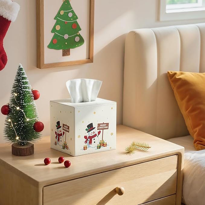 Luxspire Christmas Tissue Box Cover, 5.51" Square Tissue Box Cover with Magnetic Closure, Tissue Box Holder Christmas Decor for Living Room Bedroom Countertop Cars Hotels, Christmas Snowman