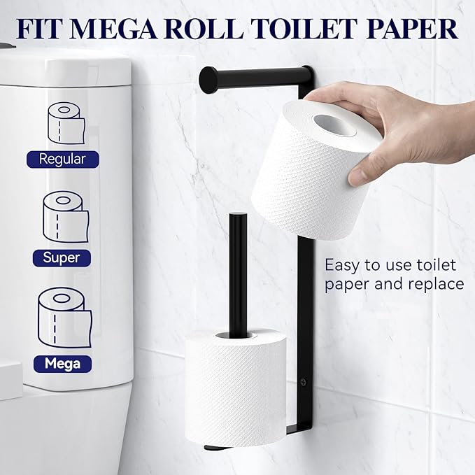 Longzon Matte Black Toilet Paper Holder Wall Mount, Self Adhesive Toilet Paper Holder Storage for 3 Roll Tissue, Premium 304 Stainless Steel Stick On Toilet Paper Roll Holder for Bathroom, Black