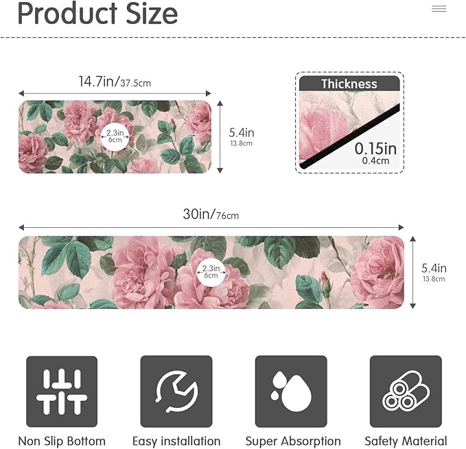 Kitchen Sink Splash Guard 2 PCS 30 Inch Sink Faucet Mat Splash Guard for Bathroom Countertop Water Absorbent Foldable Cuttable Soft Washable Pink Vintage Roses with Leaves