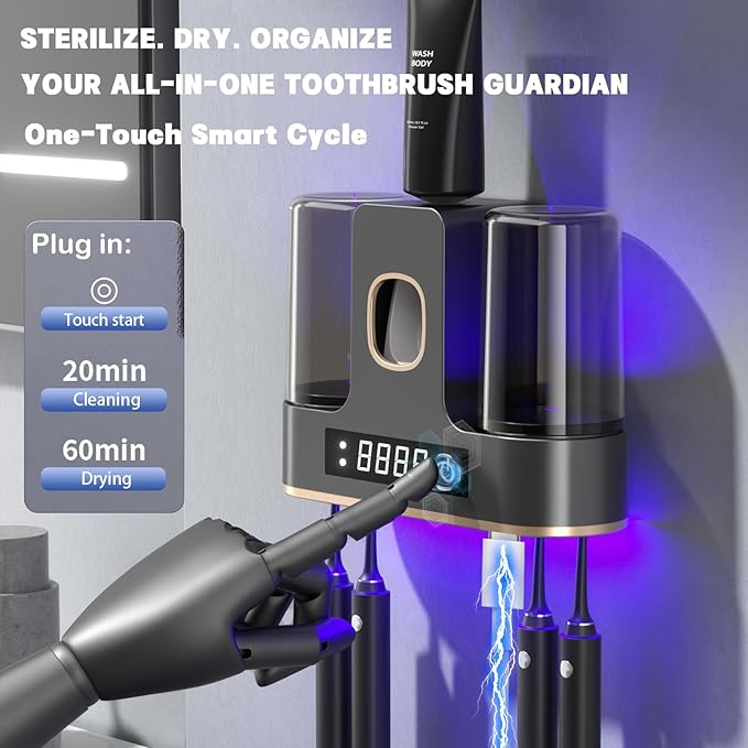 Electric Toothbrush Holders for Bathrooms, Dustproof Smart Toothbrush Holder Wall Mounted - 4 Brush/2 Cup, Auto Toothpaste Dispenser, Hot Air Drying & LCD Display,Toothbrush Cleaner (Gray)