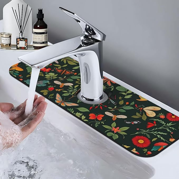 Butterfly Floral 15" X 5.5" Kitchen Sink Splash Guard, Faucet Guard Draining Mat, Faucet Suction Pad For Kitchen Bathroom