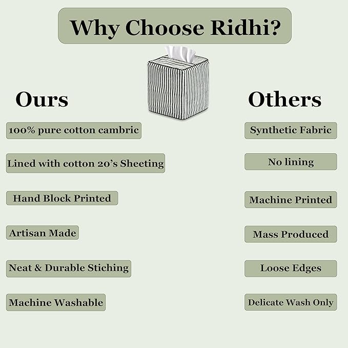 Ridhi Green Stripe Block Print Tissue Box Cover Handmade Cotton Fabric Decorative Square Napkin Holder for Home Bedroom Living Room Bathroom Vanity Countertop Car Night Stands Office Kitchen