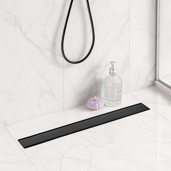 Linear Shower Drain 24 inch Matte Black with 2-in-1 Flat & Tile Insert Cover - 304 Stainless Steel Shower Floor Drain - Bathroom Drain with Reversible Cover & Hair Catcher - Includes Cleaning Tools
