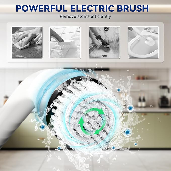 Electric Spin Scrubber,Cordless Bathroom Cleaning Brush with Replaceable Heads & Adjustable Extension Long Handle,Dual Speeds Power Shower Scrubber for Tile,Bathtub,Floor,Kitchen (White)