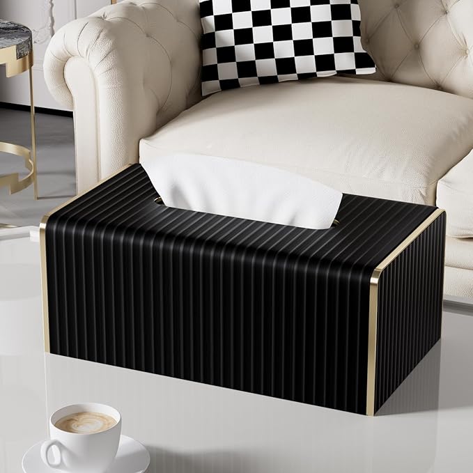 Tissue Box Cover,Black Rectangle PU Leather Tissue Holder with Gold-Tone Edging Accents,Tissue Box Cover for Bathroom Toilet Bedroom Living Room Table Desk Office,Countertop