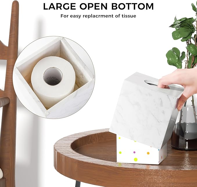 Natural Marble Tissue Box Holder Cover, Square Cube Tissue Box Holder with Open Bottom for Bathroom Vanity Tops, Bedroom Dressers, Kitchen Countertop, White Tissue Box(NS021)