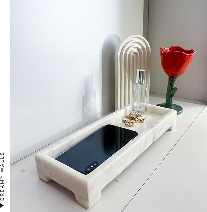 Marble Vanity Tray – White Marble Decorative Organizer for Bathroom, Kitchen, Perfume, Jewelry & Countertop Decor