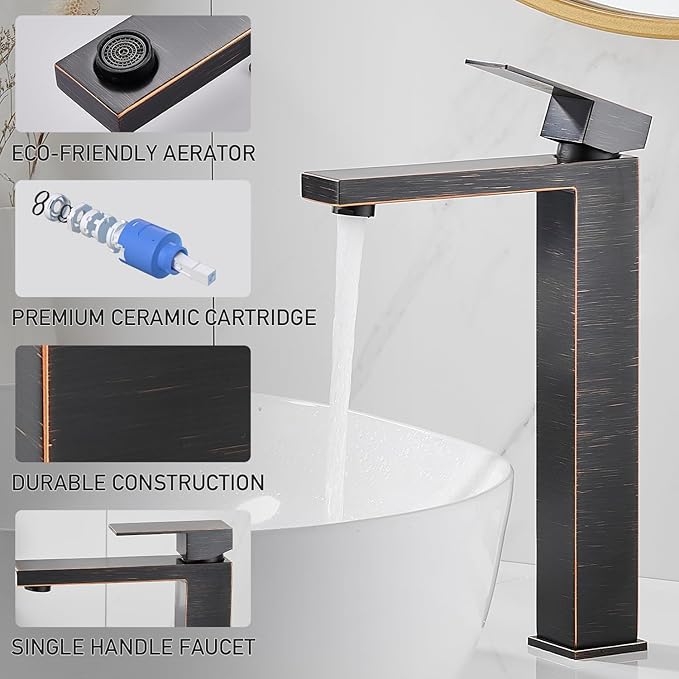 Vessel Sink Faucet, Oil Rubbed Bronze 1 Hole Single Handle Tall Bathroom Vanity Faucets, Modern Utility Rv Laundry Bath Restroom Mixer Tap with Metal Pop Up Drain and 2 Water Supply Lines