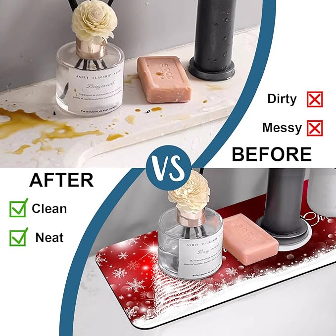 Christmas Merry Xmas Sink Faucet Absorbing Mat Santa Claus Super Absorbent Fast Drying Mat Sink Gadgets Behind Faucet Sinkmat for Kitchen Bathroom, 15.5"x5.5"