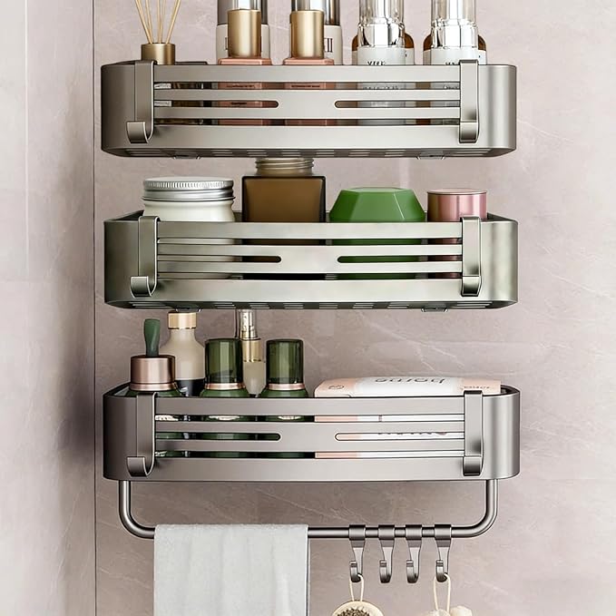 3Pcs Corner Shower Shelf Caddy Suction Cup, No Drill Hole with Towel Bar and Hook, Gray Bathroom Storage Rack, Zero Drill Square Shelves, Store Toiletries and Bath Towel for Bathroom Kitchen RV